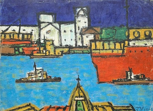 Pintura de Jorge Visca: Ciudad con barco en el agua