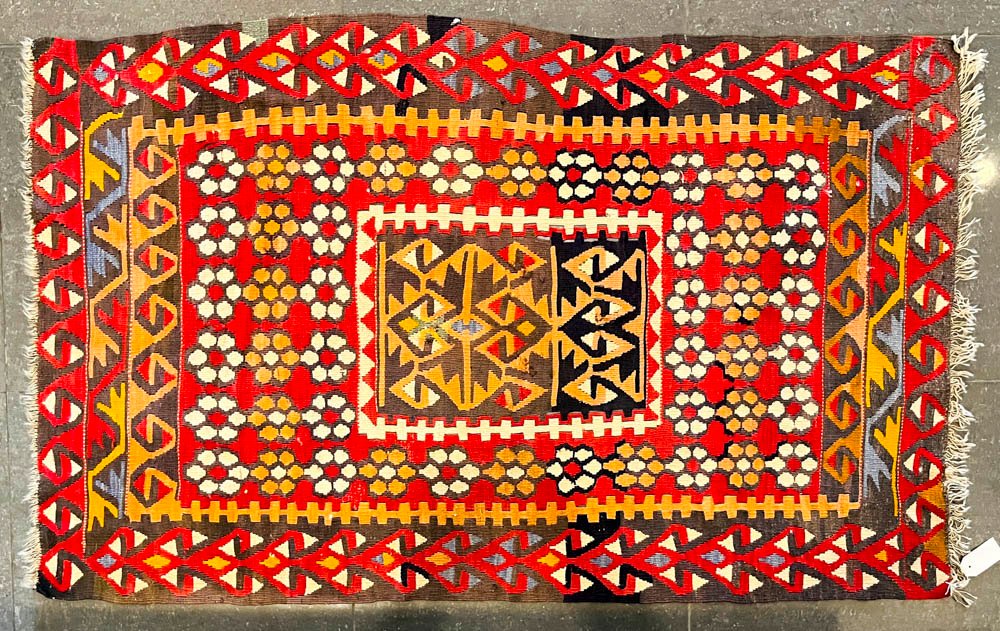 Alfombra Kilim Decorada Roja, Naranja y Beige 166x98 cm