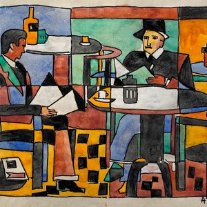 Acuarela "En el bar" de Julio Uruguay Alpuy, 14 x 19 cm - imagen 1