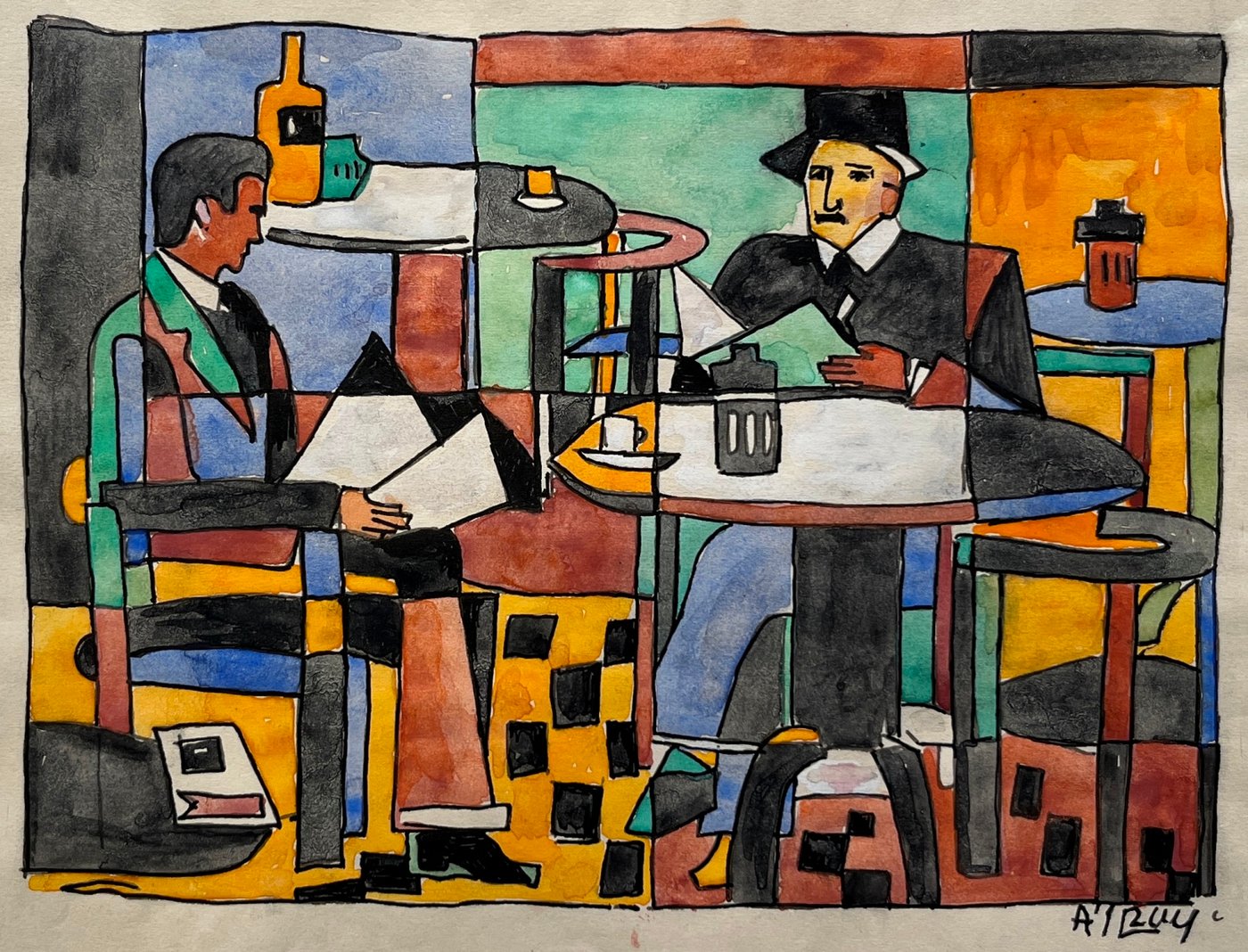 Acuarela "En el bar" de Julio Uruguay Alpuy, 14 x 19 cm