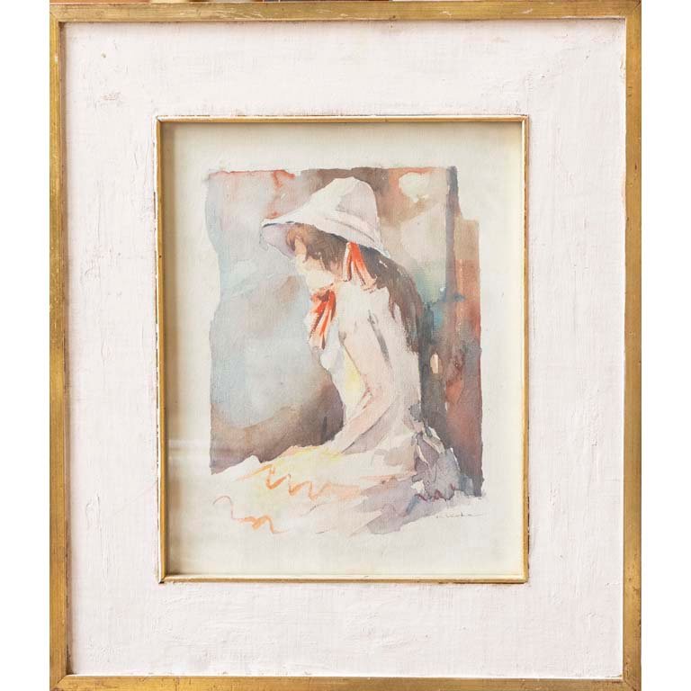 Acuarela "Dama con Capelina" con Passepartout Manchas