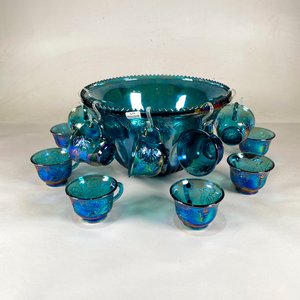 Ponchera Azul con 11 Tazas de Vidrio Iridescente con Diseño de Uvas - imagen 2