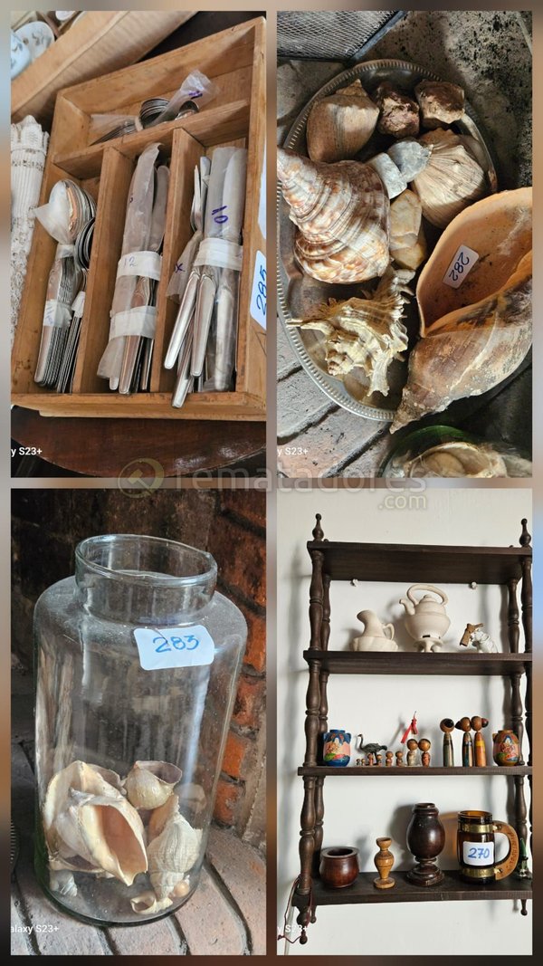 Lote Variado: Cubiertos, Conchas Marinas, Frasco y Estantería Decorativa
