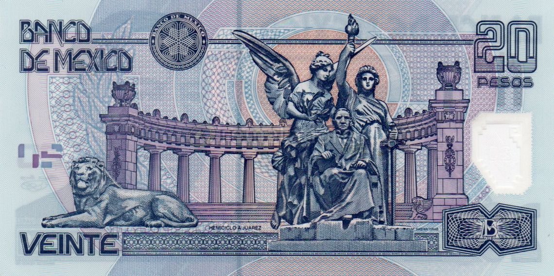 Billete de 20 Pesos Mexicanos con Monumento y Figuras Alegóricas