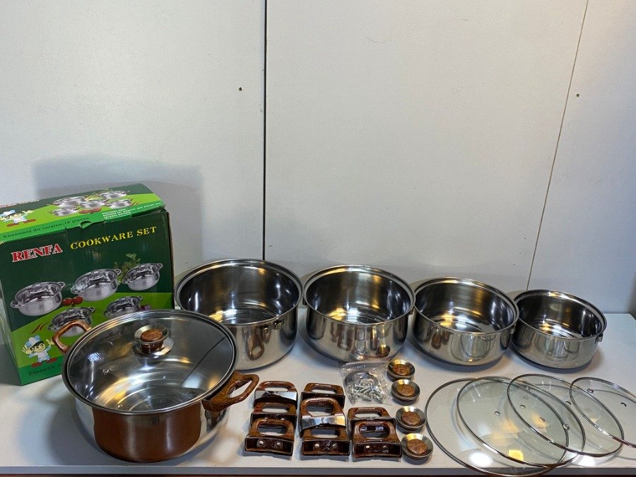 Lote siguiente: Juego de batería de 5 ollas con tapas de cristal y respirador ac inoxidable