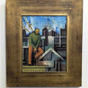 Óleo sobre Fibra "Figura Urbana" de Gustavo Alamon, Firmado y con Marco Dorado - imagen 2