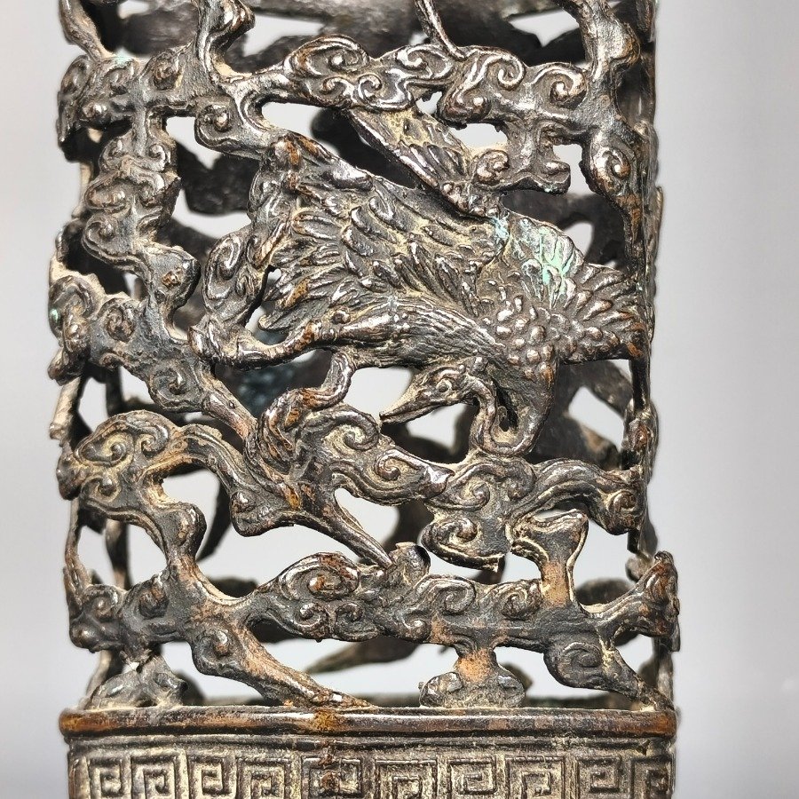 Antiguo bitong chino hexagonal en bronce reticulado, dinastía Qing - imagen 5