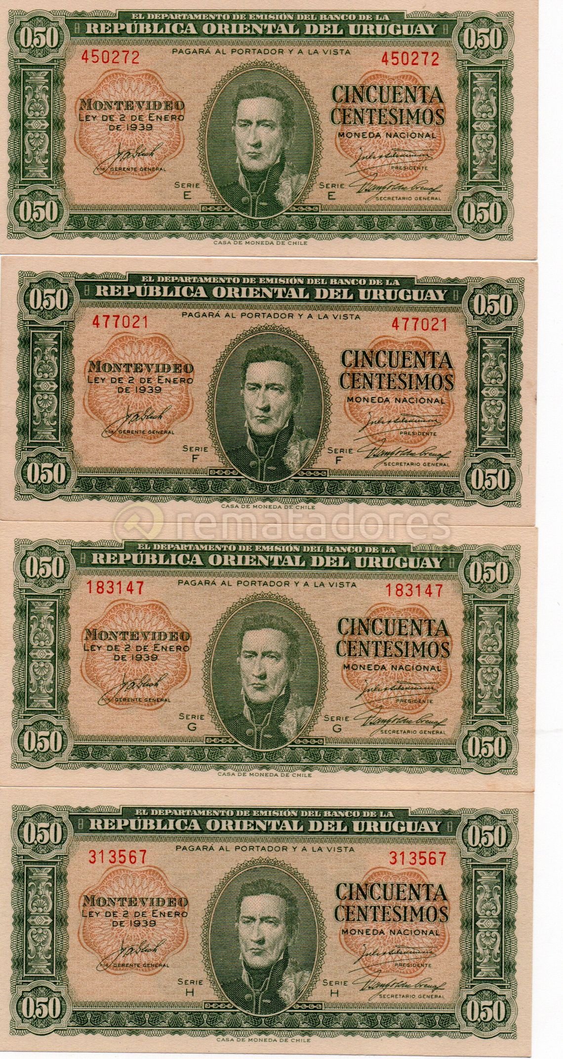 Lote de 4 Billetes de 50 Centésimos de Uruguay de 1939