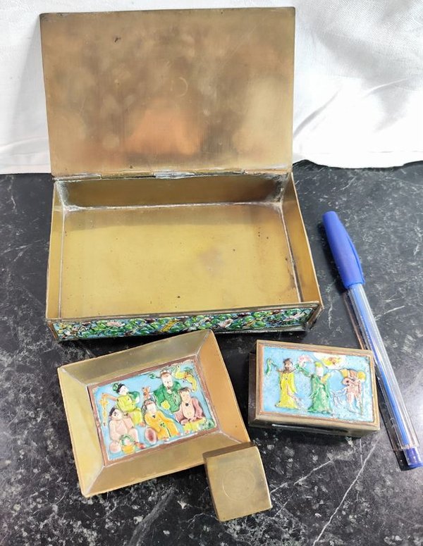 Alhajero en bronce o esmalte cloisonné con bandejita y estuche para caja de fósforos - imagen 1