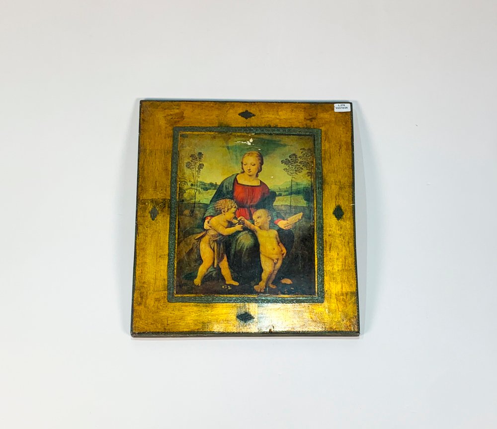 Cuadro Lámina "Dama Leyendo y Niños" Sobre Tabla Dorado 40x34 cm