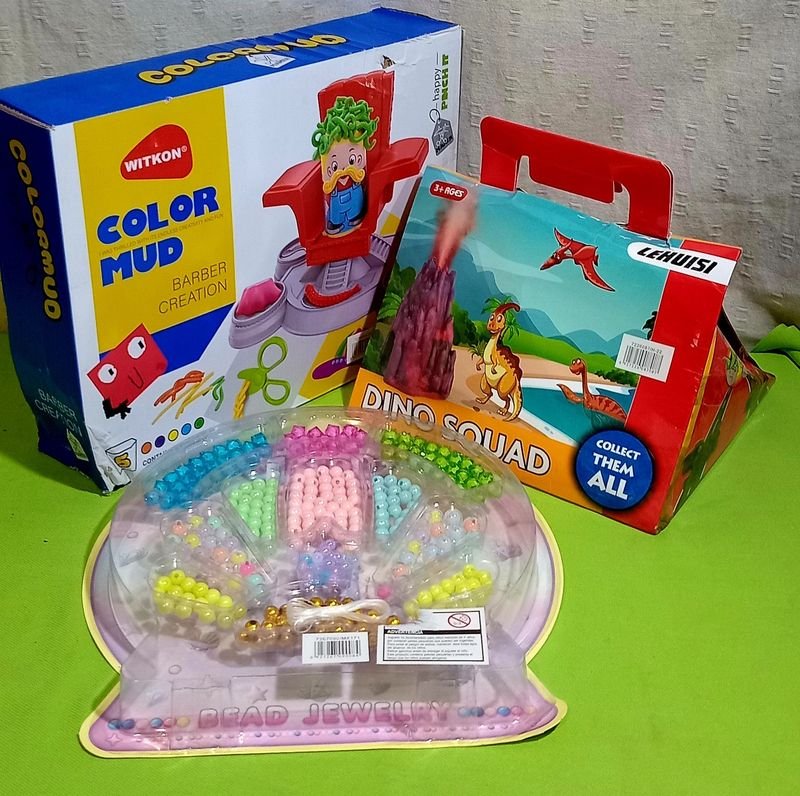 Juego de Masa "Color Mud Barber Creation", "Dino Squad" y Kit de Joyería con Canutillos y Perlas
