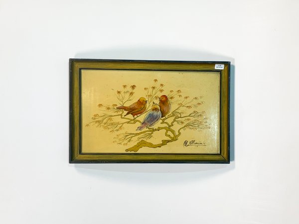 Cuadro de Madera y Laca con Pájaros, Firmado y Fechado 1964 - imagen 1