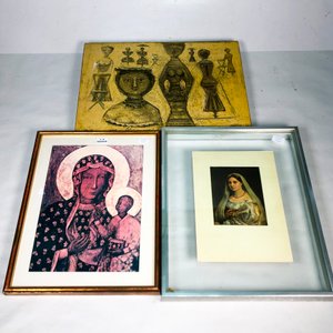 Lote de Tres Láminas Religiosas: Virgen con Niño y Dos Figuras Abstractas - imagen 2