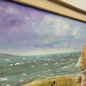 Cuadro al óleo: Playa con barcos y rocas, 72x62cm - imagen 6