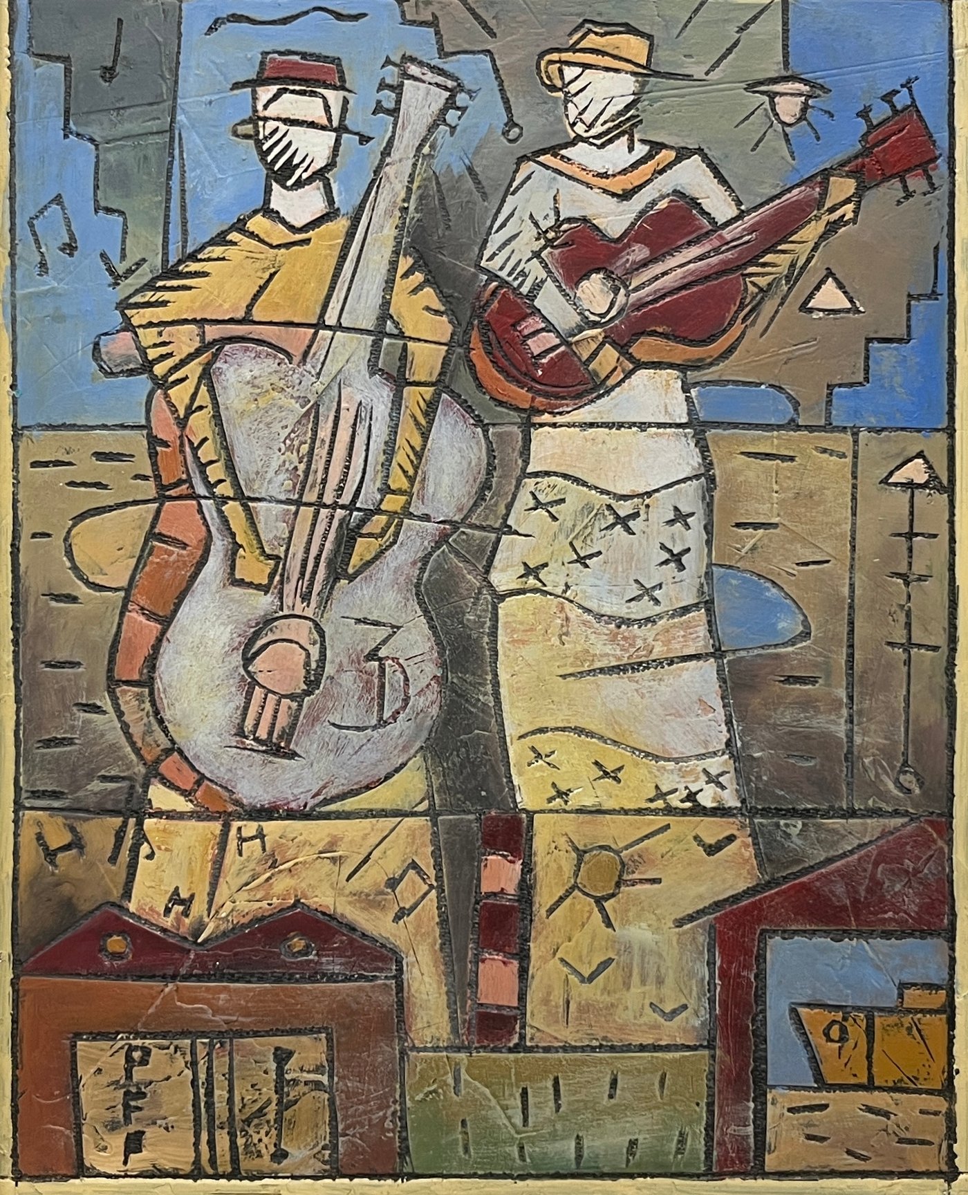 Obra "Músicos" de Pablo Peralta: Técnica Mixta sobre Fibra, 42x33 cm