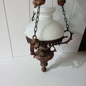 Lámpara Antigua de Madera y Opalina - imagen 6