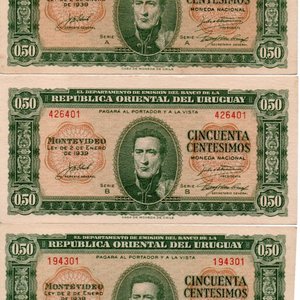 Lote siguiente: Lote de 3 Billetes Uruguayos de 50 Centésimos Año 1939