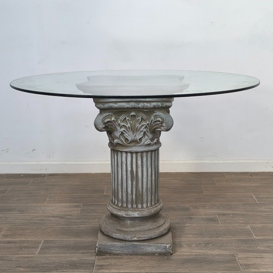 Mesa de comedor con tapa redonda de vidrio y pie columna - imagen 3
