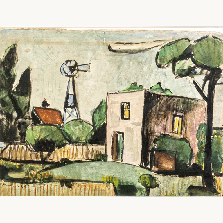 Lote anterior: Pintura de agua de Gonzalo Fonseca: Paisaje con molino