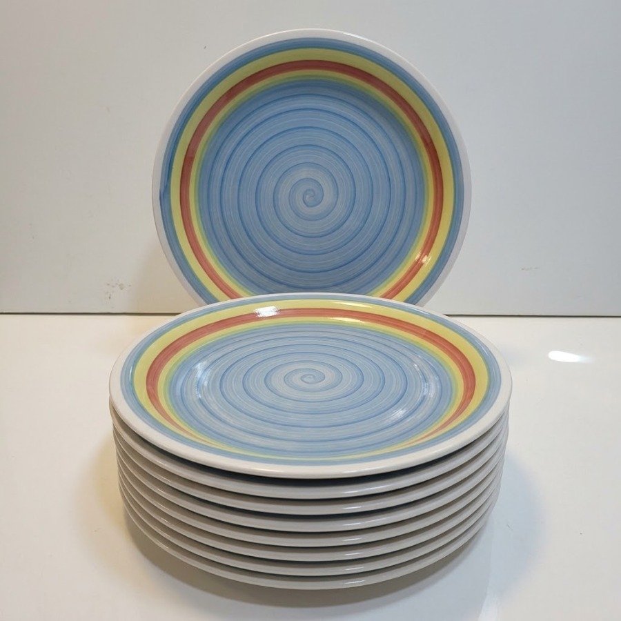 12 Platos de Cerámica con Diseño Espiral Celeste y Naranja
