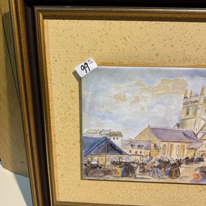 Lote siguiente: Cuadro con Cerámica Pintada Artesanalmente: Escena de Pueblo