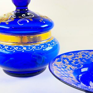 Cenicero y Alhajero de Cristal Azul con Esmalte Dorado - imagen 3