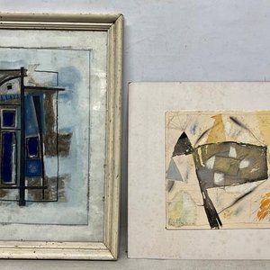 Lote de Dos Cuadros Abstractos: Acuarela y Técnica Mixta - imagen 1
