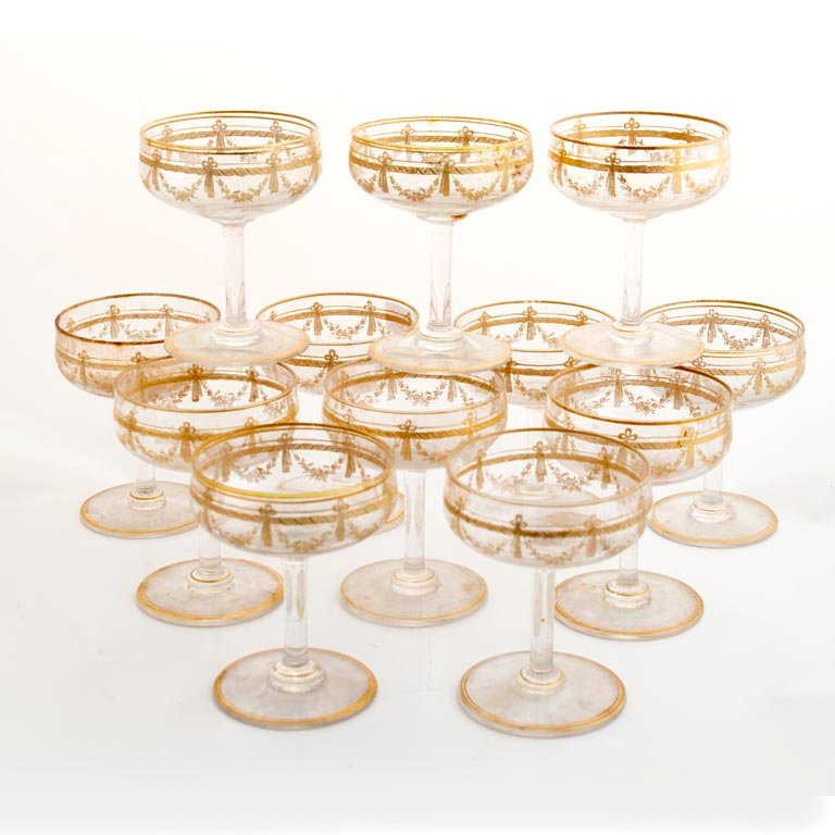Set de 24 Copas de Champagne de Cristal Hialino con Guarda Dorada