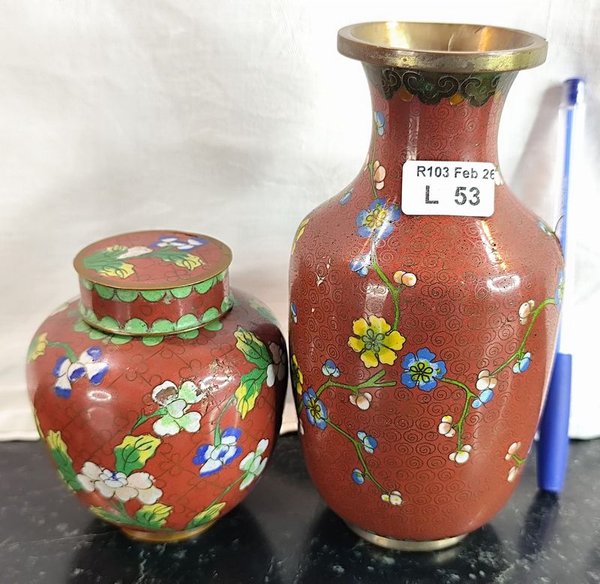 Antiguo potiche de bronce esmaltado cloisonné sin tapa, con decoración floral - imagen 1