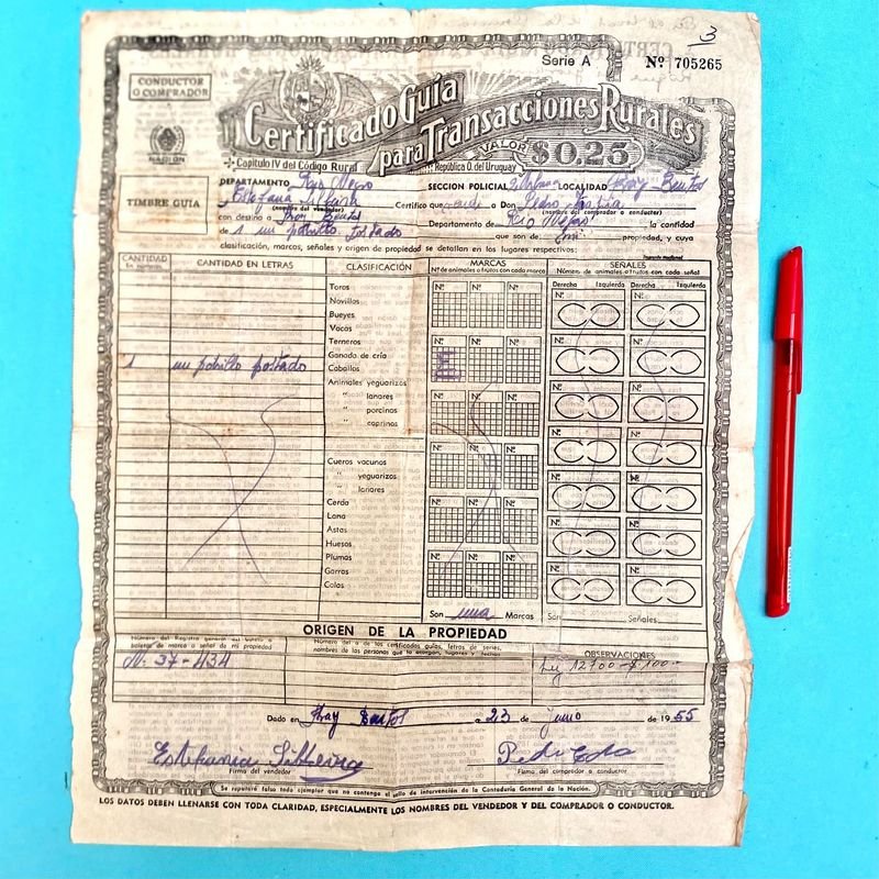 Certificado-Guía Antiguo para Transacciones Rurales - Fray Bentos 1955