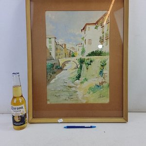 Acuarela Firmada F. Ribas: Paisaje Urbano con Río y Puente (45x58cm) - imagen 2