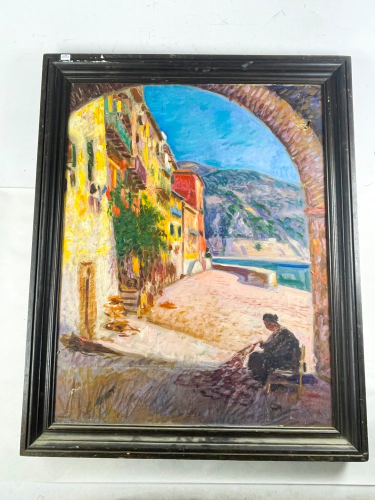 Cuadro al óleo: Dama sentada y caseríos junto al mar, 90 x 71 cm