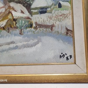 Cuadro al Óleo: Paisaje Invernal con Casas Nevadas y Montañas, Firmado Aída '87 - imagen 4