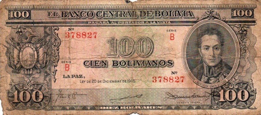 Billete de 100 Bolivianos 1945 - Banco Central de Bolivia - Escaso