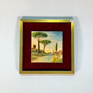 Cuadro Óleo sobre Azulejo: Paisaje de Camino y Árboles, Marco Dorado - imagen 1