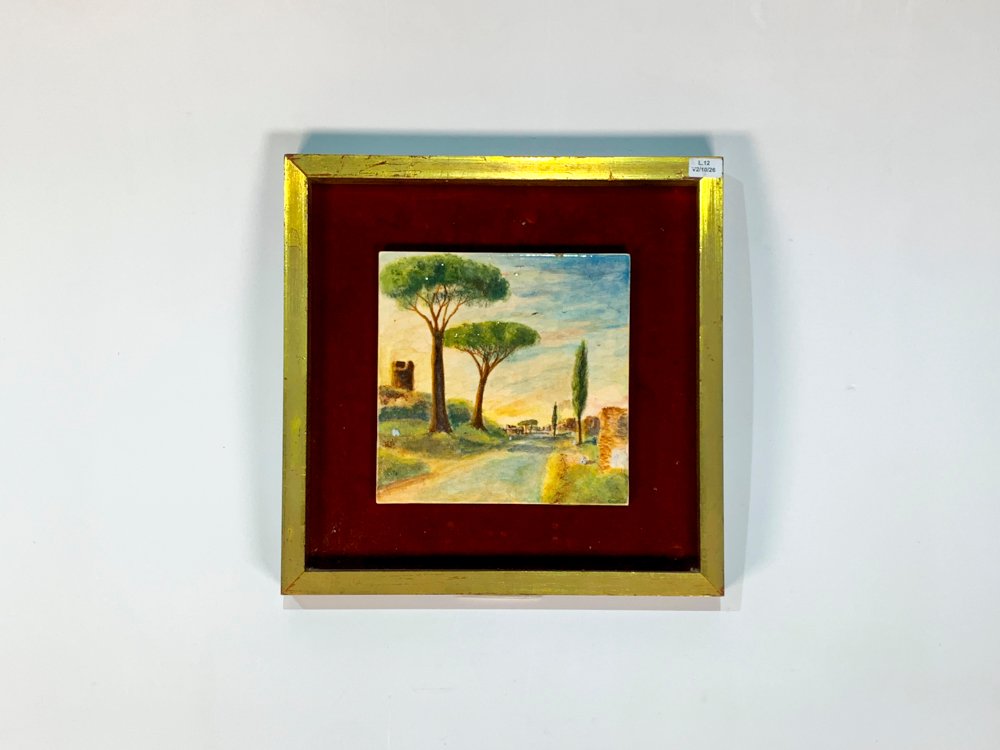 Cuadro Óleo sobre Azulejo: Paisaje de Camino y Árboles, Marco Dorado