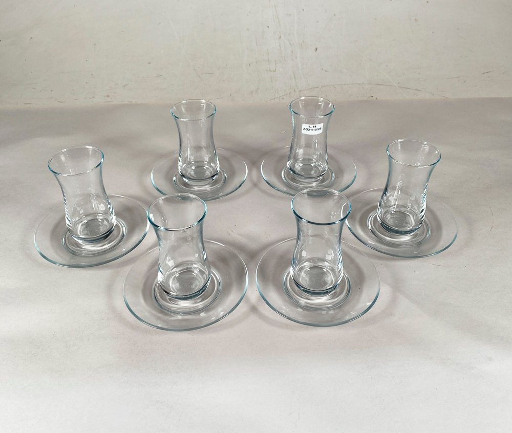 Juego de 6 Vasos y Platos de Vidrio Hialino Estilo Turco