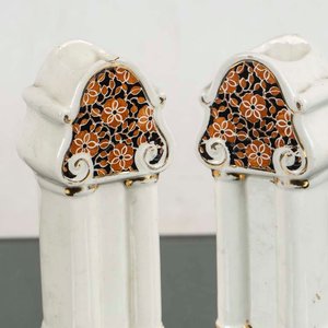 Par de Floreros de Loza Blancos con Diseño Floral Naranja y Dorado - imagen 2