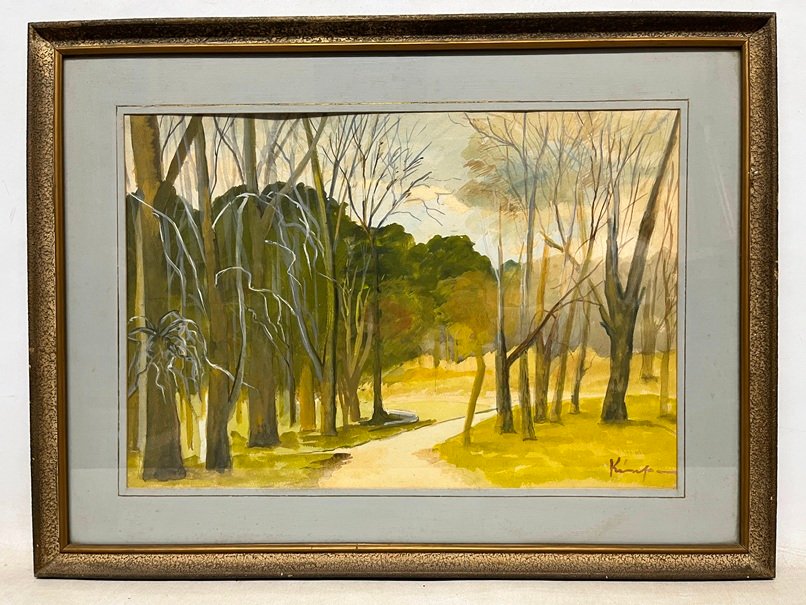 Lote siguiente: Pintura de un camino en bosque con tempera sobre papel