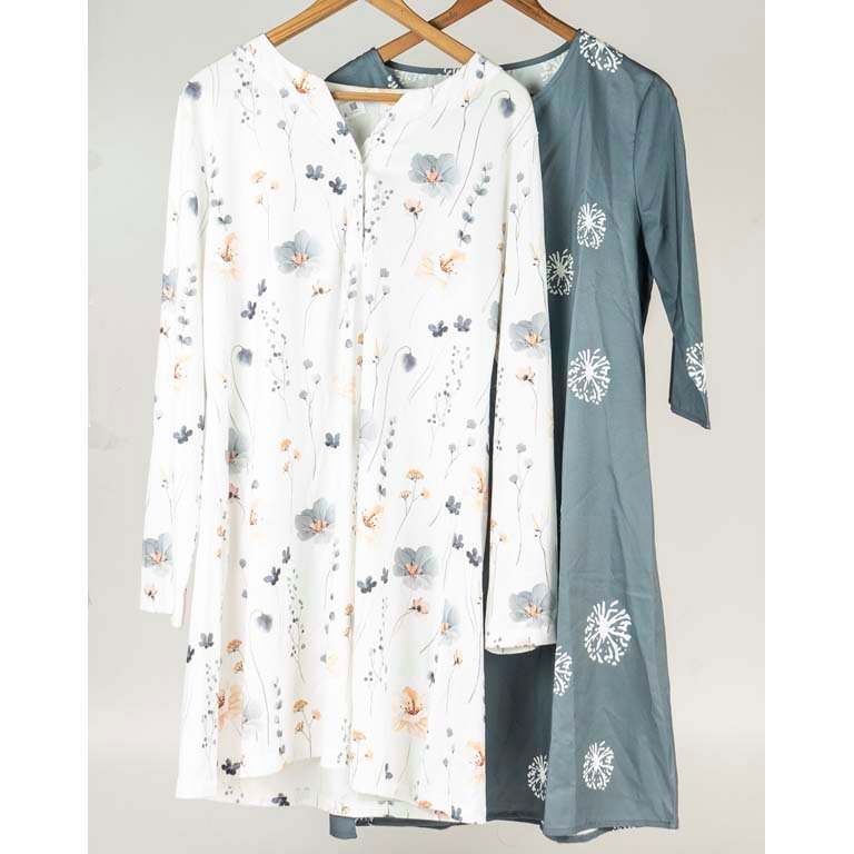 Dos Vestidos Estampados Talle L: Manga Corta Gris y Manga Larga Blanco