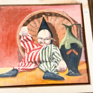 Cuadro al óleo de payaso con jarrón, firmado, 39 x 36 cm - imagen 3