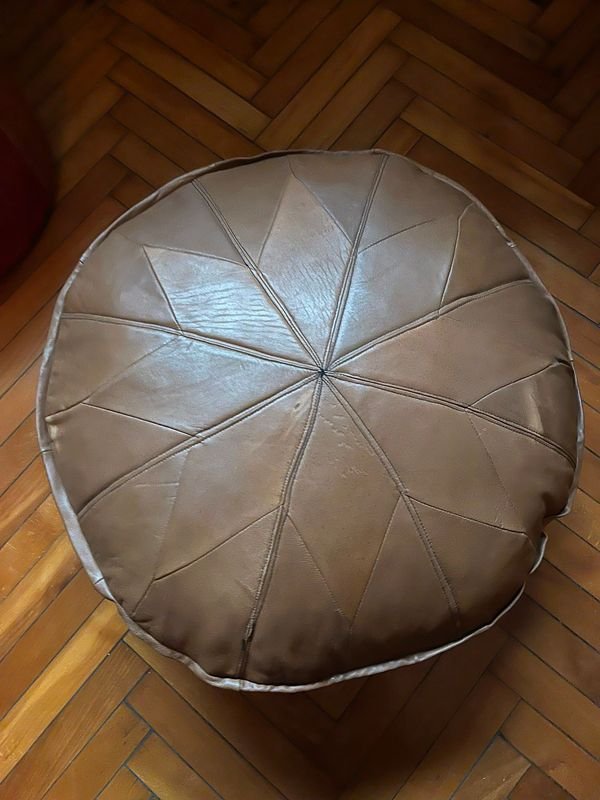 Puff Redondo de Cuero Marrón - 58 cm Diámetro