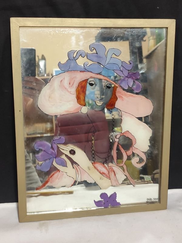 Espejo antiguo con dibujo pintado a mano y firma - imagen 2