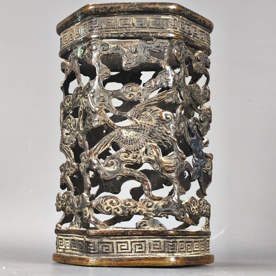 Antiguo bitong chino hexagonal en bronce reticulado, dinastía Qing - imagen 7