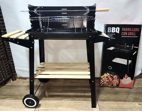 Parrillero Portátil Negro con Ruedas, Estantes de Madera y Caja Original - imagen 1