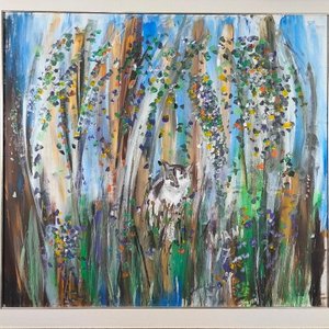 Pintura "Viani 17" Acrílico sobre Fibra: Escena Natural con Gato y Marco Plateado - imagen 3