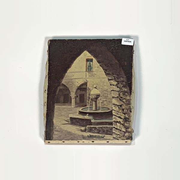 Cuadro al óleo "Fuente" firmado R. Lemonnier, 24 x 20 cm