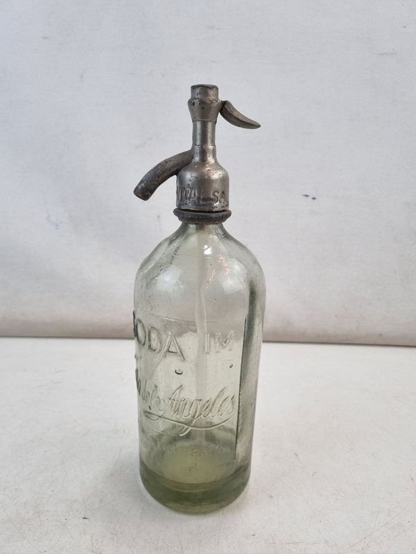 Sifón de Soda Antiguo "Ronda Los Angeles" de Vidrio Grabado