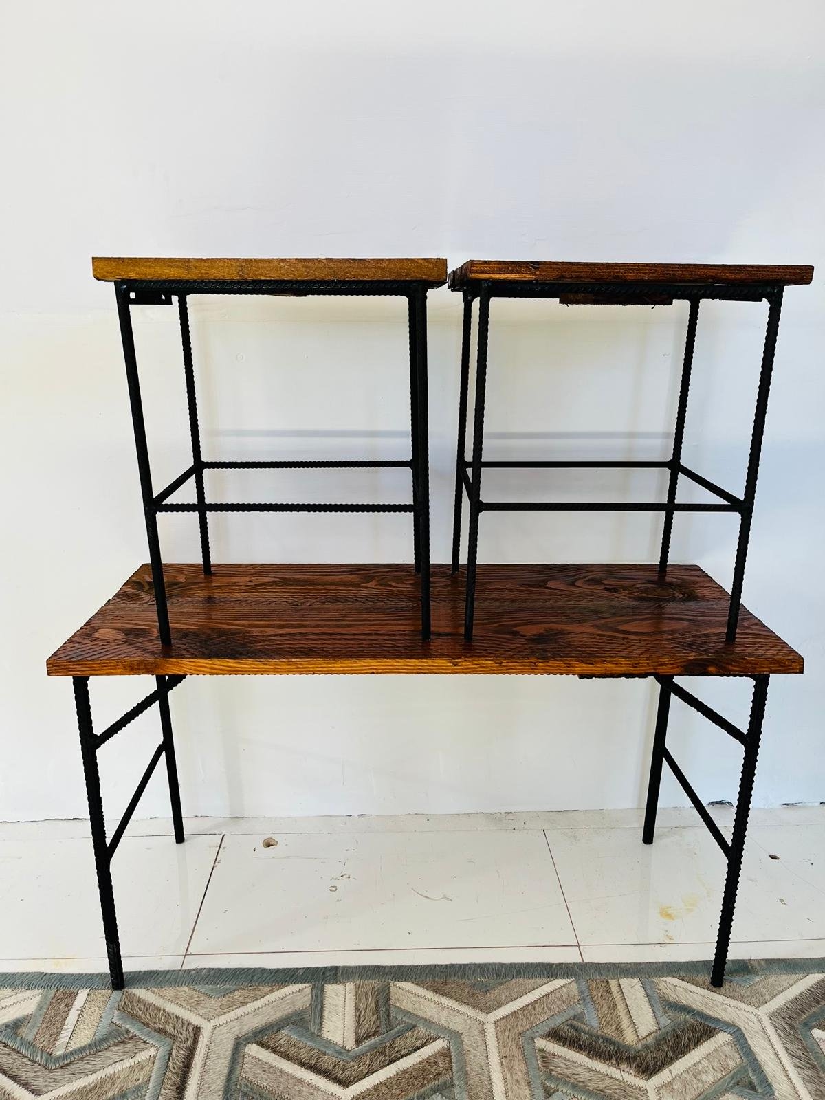 Lote de 3 Bancos Rústicos de Madera y Hierro