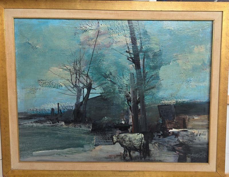 Cuadro al óleo "Paisaje con oveja" de Hugo Nantes, 80 x 60 cm
